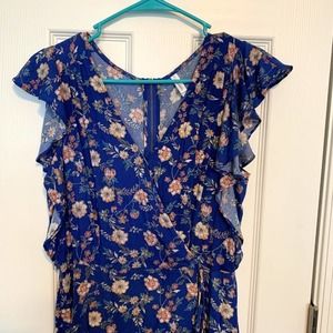 Xhilaration Blue‎ Floral Flutter Sleeve Wrap Dress Women's Size Small